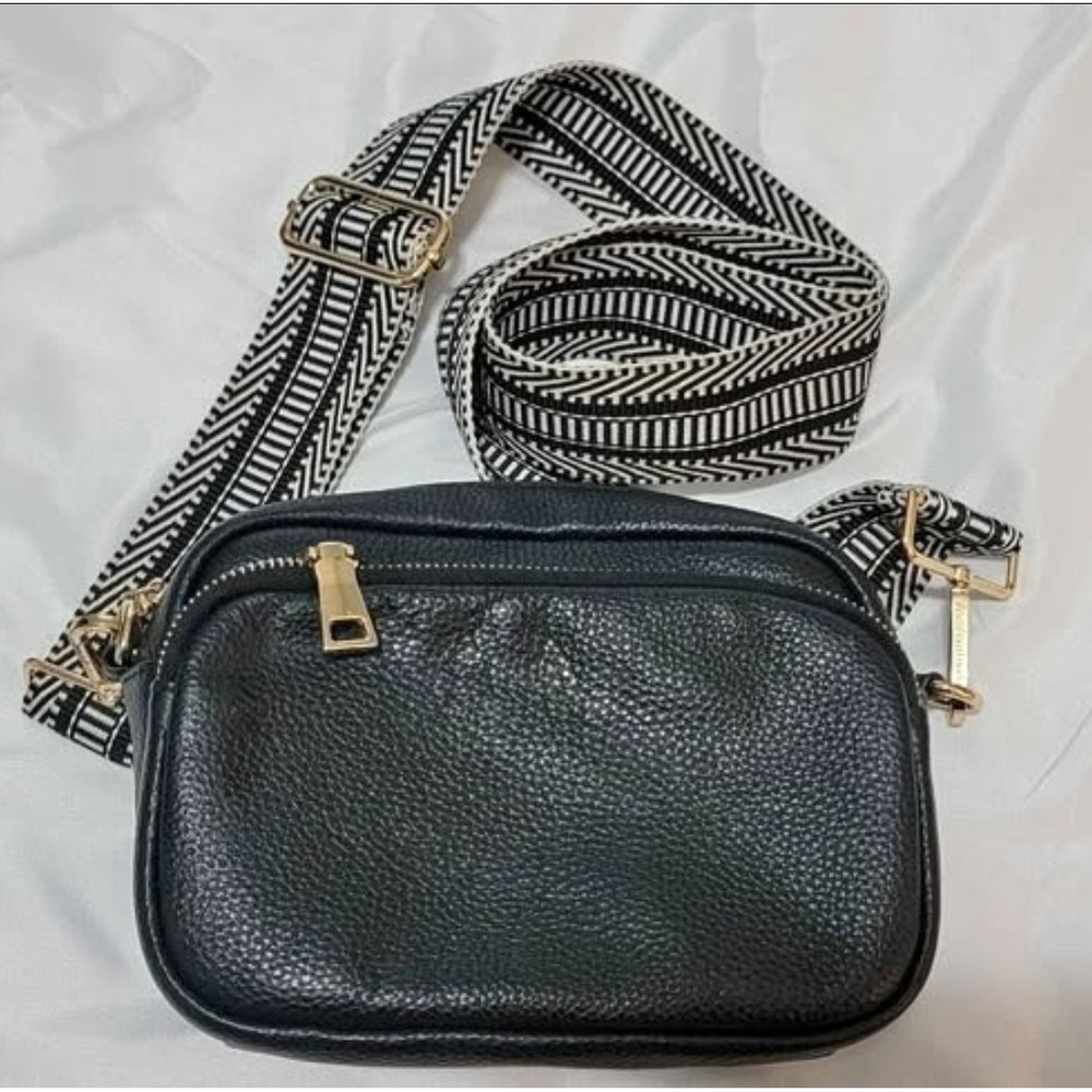 Pom Pom Of London Black Pebbled Leather Crossbody Bag With Two Wide Straps